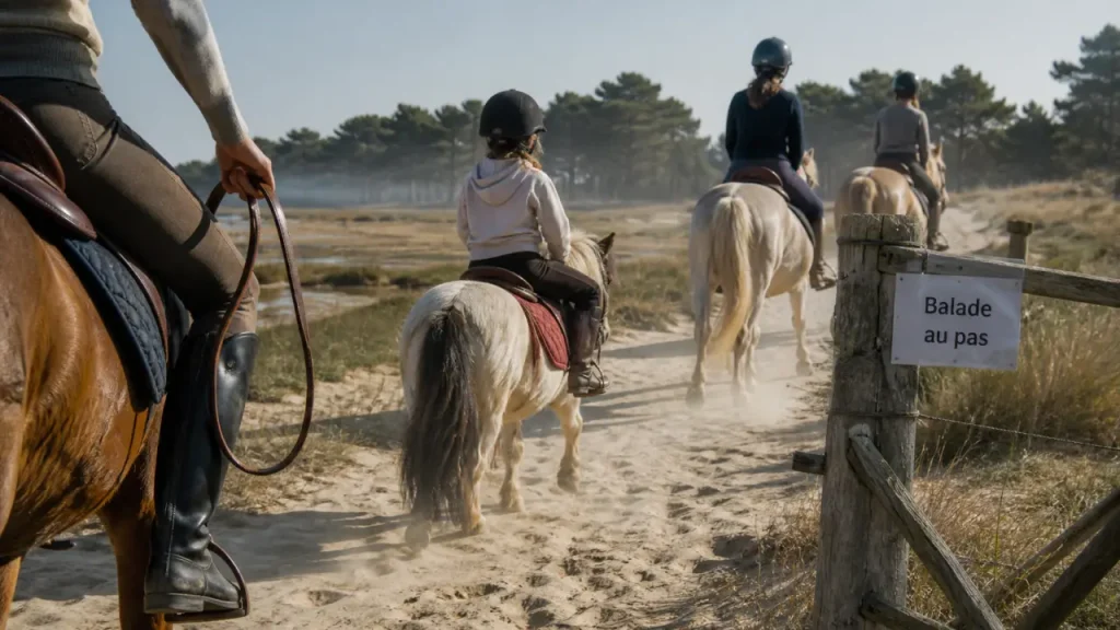 Balade a cheval Arcachon : cavaliers et poneys sur chemin sablonneux près des pins