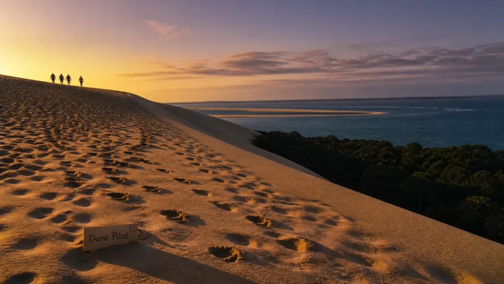 dune du pilat coucher de soleil, vue dorée sur l’océan Atlantique