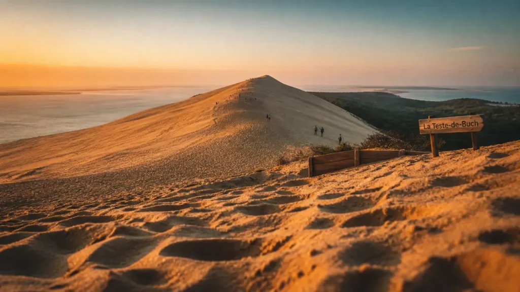 Dune du Pilat ville : panneau La Teste-de-Buch, vue sur Arcachon