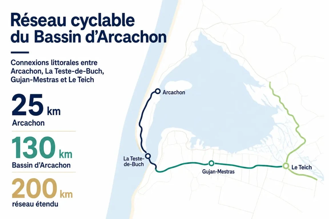 Arcachon piste cyclable : visualisation éditoriale du réseau cyclable autour du Bassin d’Arcachon avec communes et distances clés
