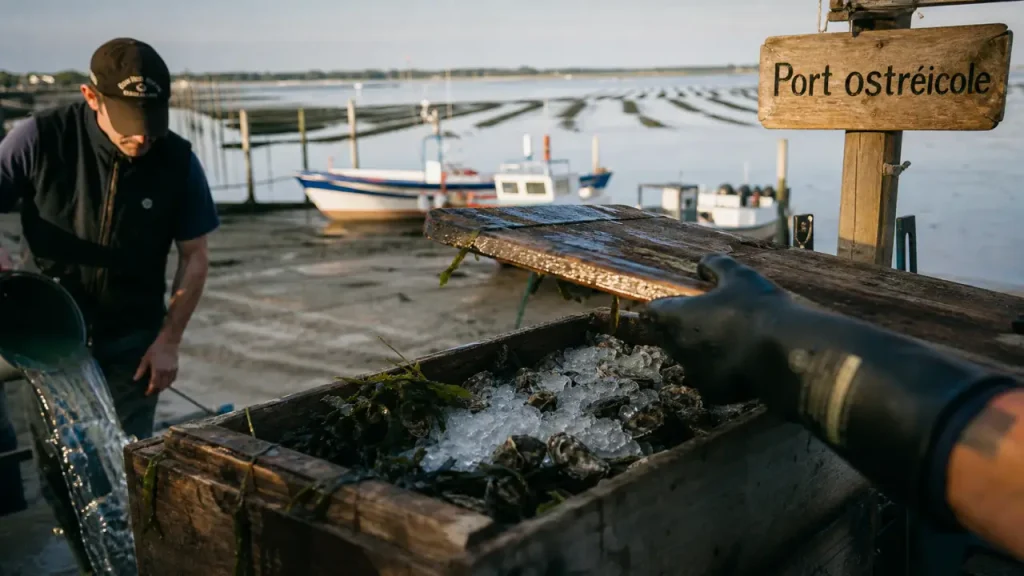 Huitres producteur arcachon sur un quai, bourriche ouverte