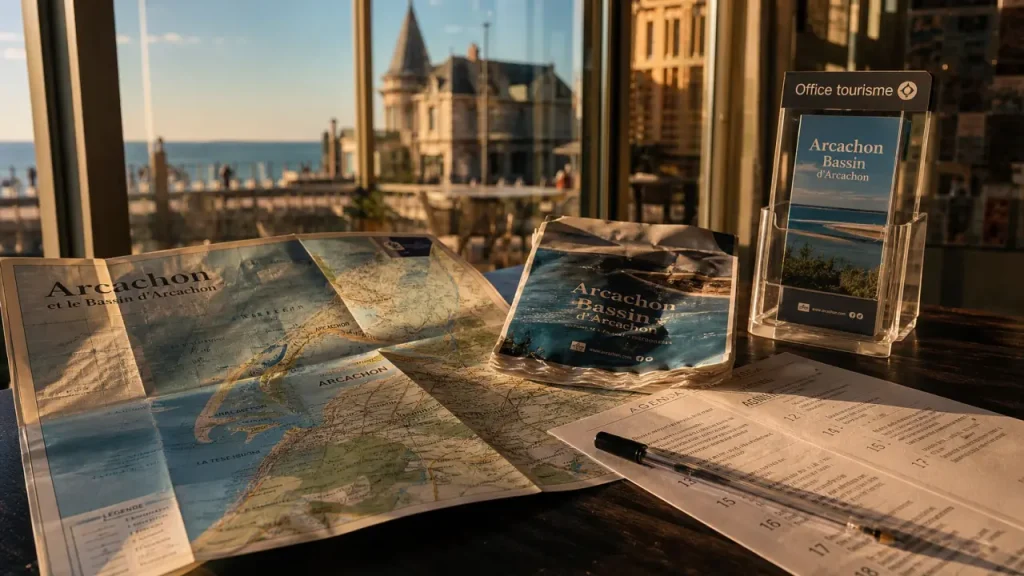 Office du tourisme Arcachon : cartes, brochures et agenda sur table près de la mer