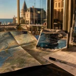 Office du tourisme Arcachon : cartes, brochures et agenda sur table près de la mer