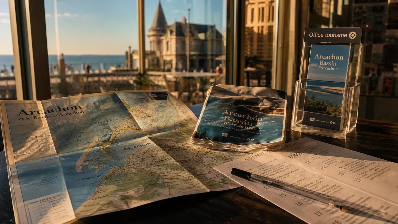 Office du tourisme Arcachon : cartes, brochures et agenda sur table près de la mer
