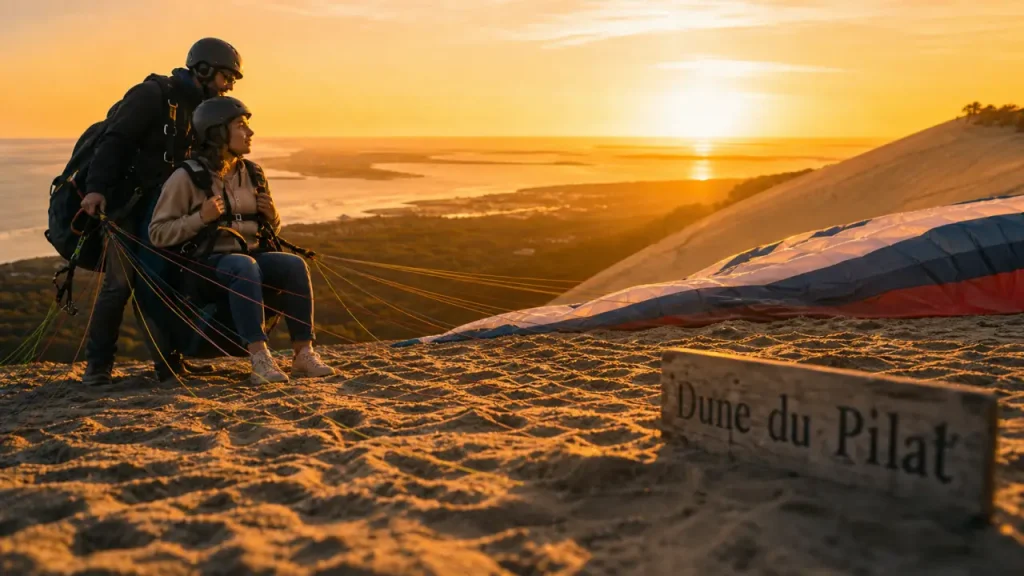 Parapente dune du Pilat : aile biplace dans le sable, au soleil couchant
