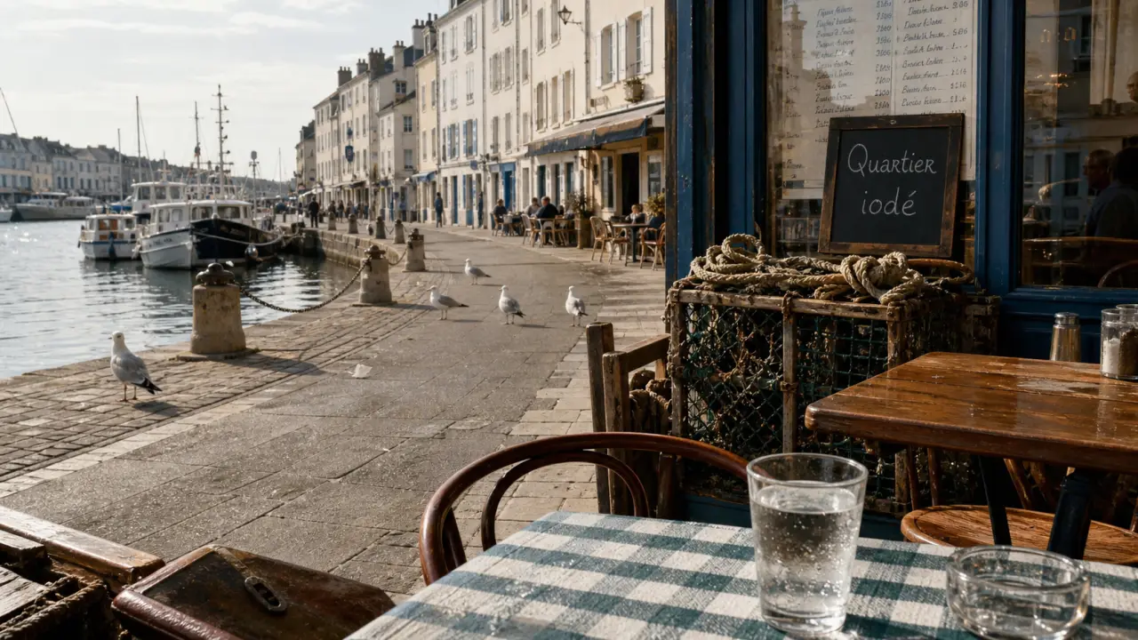 Quartier iodé au front de mer : café, port et mouettes