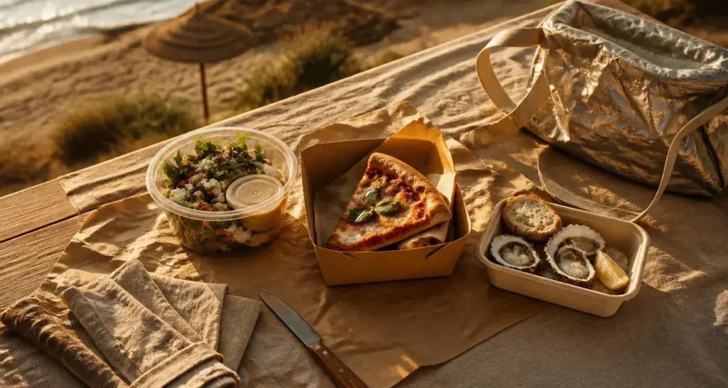 Restaurants a emporter arcachon : salade, pizza et huîtres à emporter face au bassin