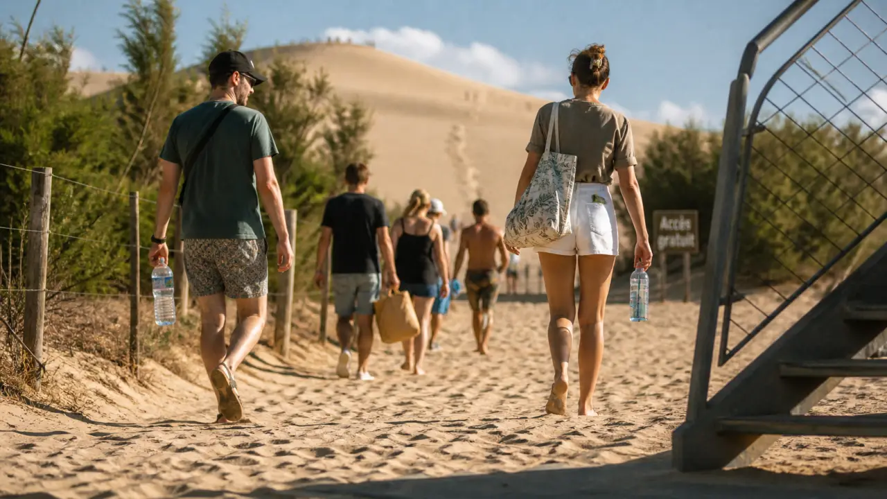 Tarif escalier dune du pilat : accès gratuit, marcheurs sur le chemin de sable
