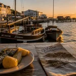 Ville d'automne Arcachon : vue port et centre-ville au coucher du soleil
