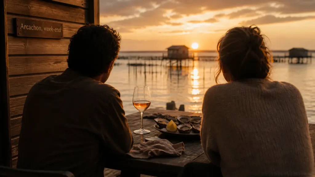 Week end romantique arcachon : couple sur terrasse avec vue Bassin