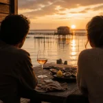 Week end romantique arcachon : couple sur terrasse avec vue Bassin