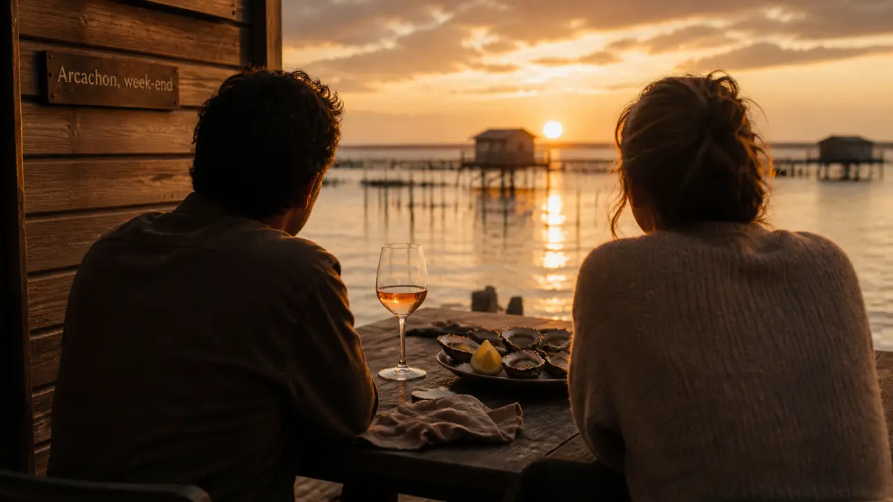 Week end romantique arcachon : couple sur terrasse avec vue Bassin