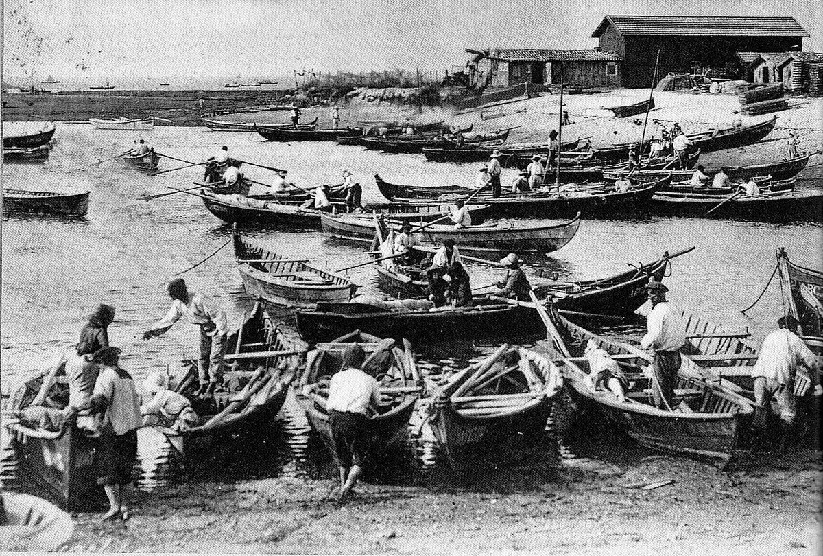 Vue ancienne des pinasses au port de Gujan.